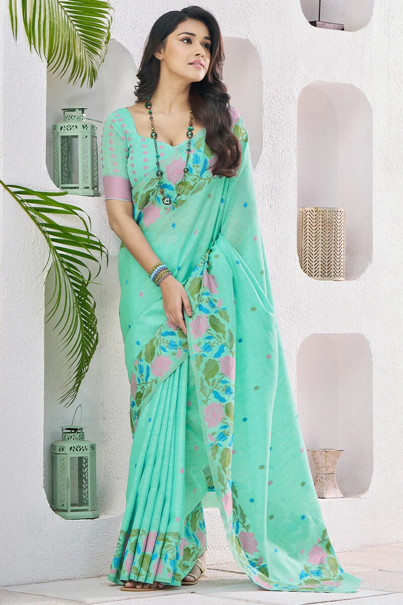 Warm Green Pure Soft Linen Silk Printed Saree