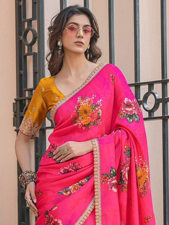 Lily Pink Pure Viscose Dola Silk Saree with Floral Print