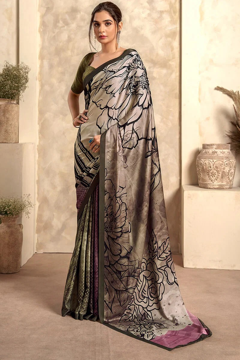 Moss Green Printed Crepe Satin Soft Silk Saree