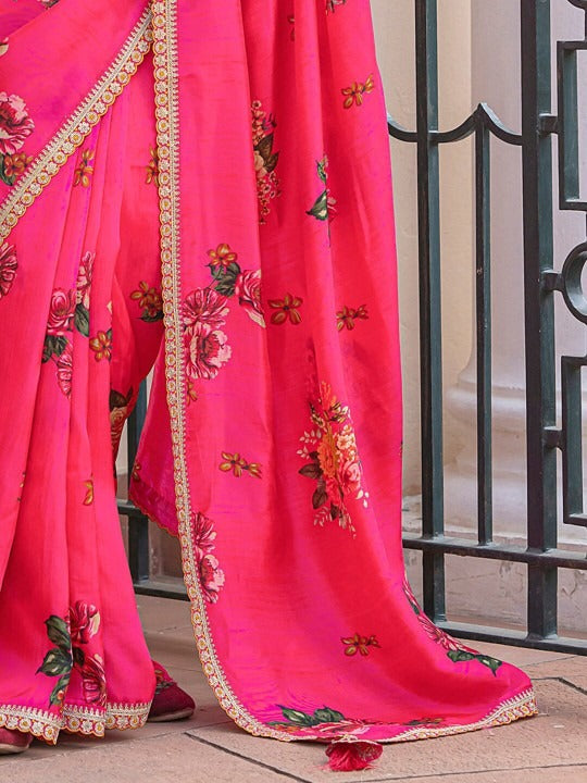 Lily Pink Pure Viscose Dola Silk Saree with Floral Print