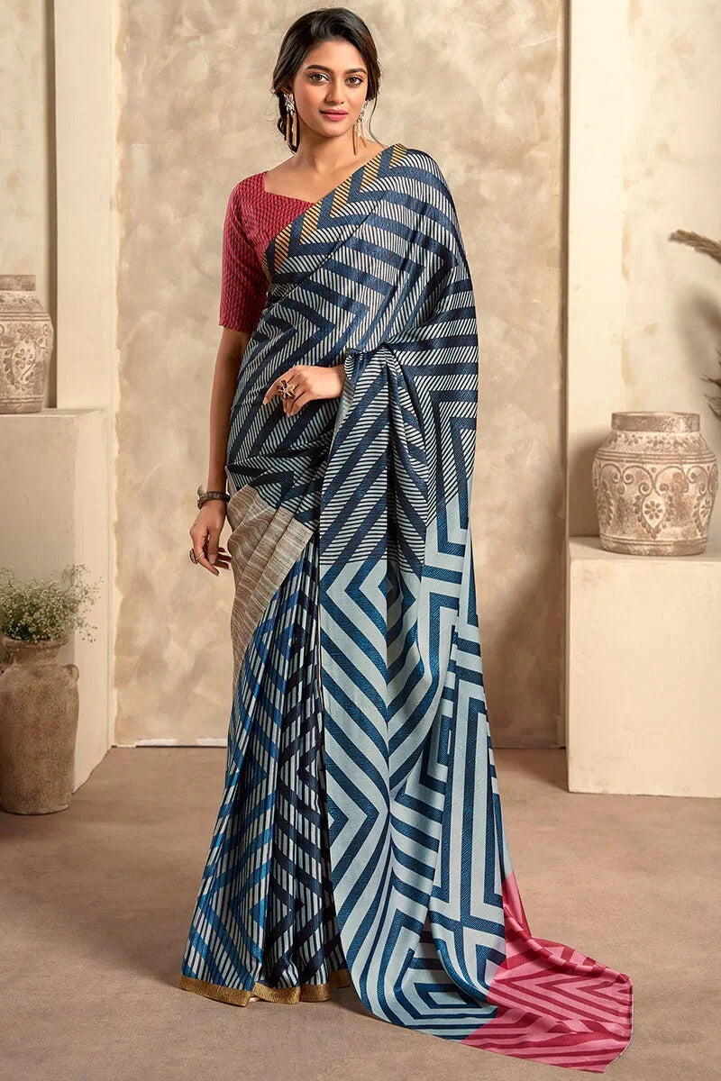 Vista Blue Printed Crepe Satin Soft Silk Saree