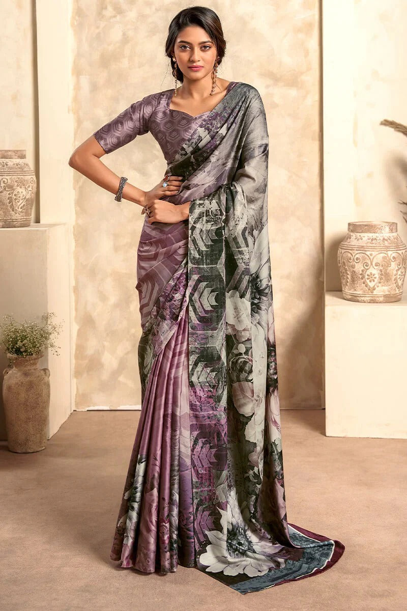 Cadet Grey Printed Crepe Satin Soft Silk Saree
