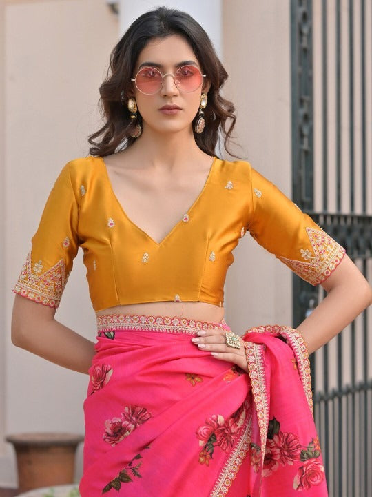 Lily Pink Pure Viscose Dola Silk Saree with Floral Print