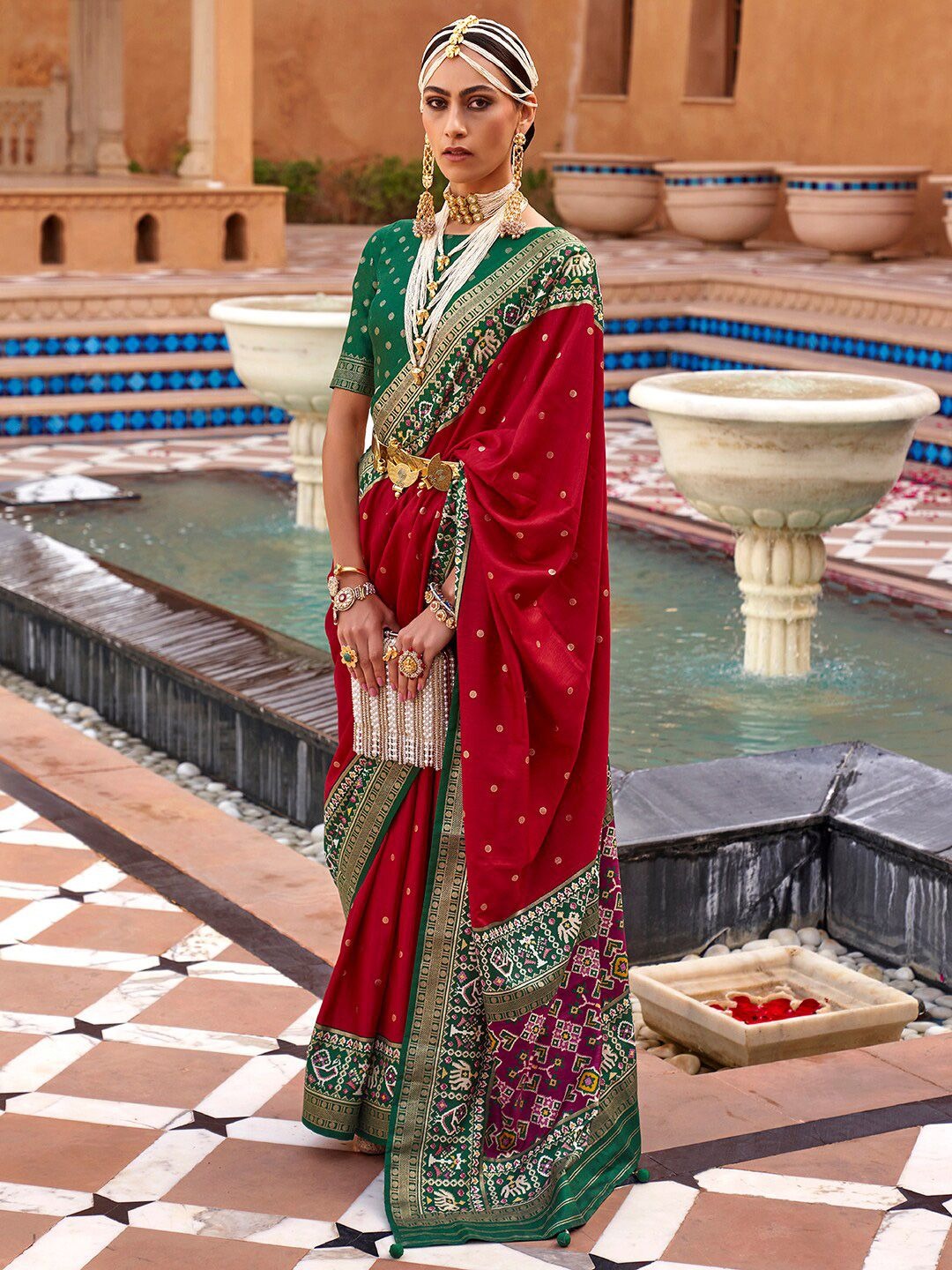Cherry Red  Printed Patola Handloom Soft Silk Saree