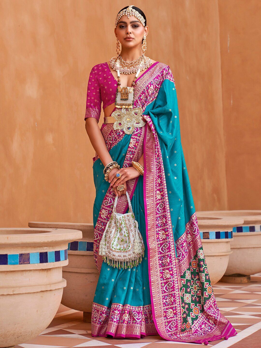 Dodger Blue Printed Patola Handloom Soft Silk Saree