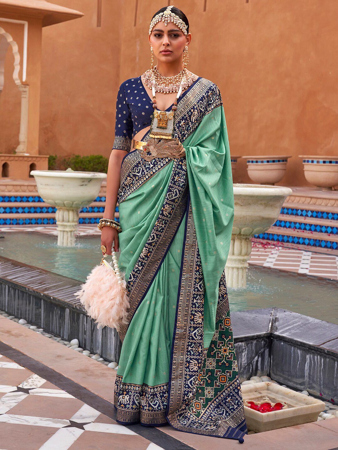 Fern Green Printed Patola Handloom Soft Silk Saree