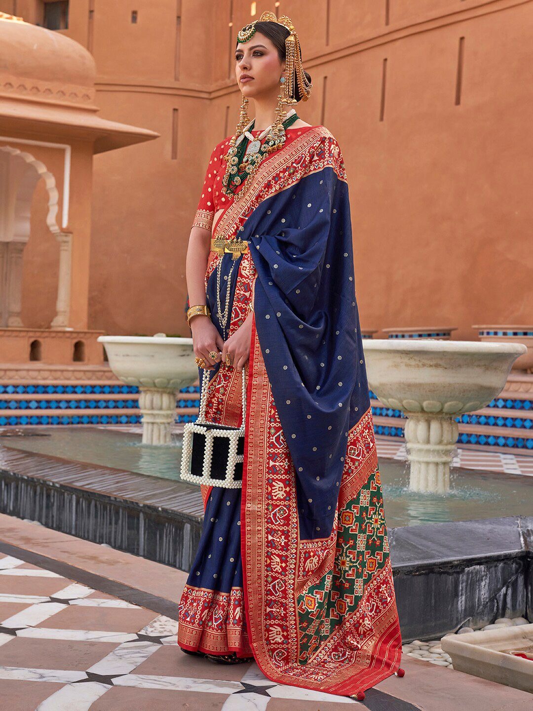 Navy Blue Printed Patola Handloom Soft Silk Saree