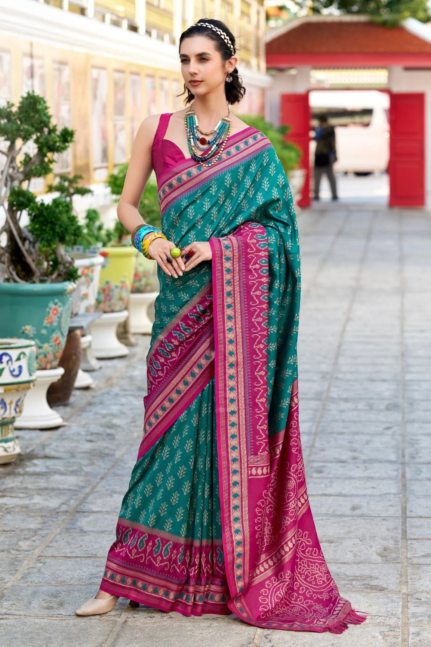 Greenish Cyan Soft Woven Banarasi Ikkat Silk Saree