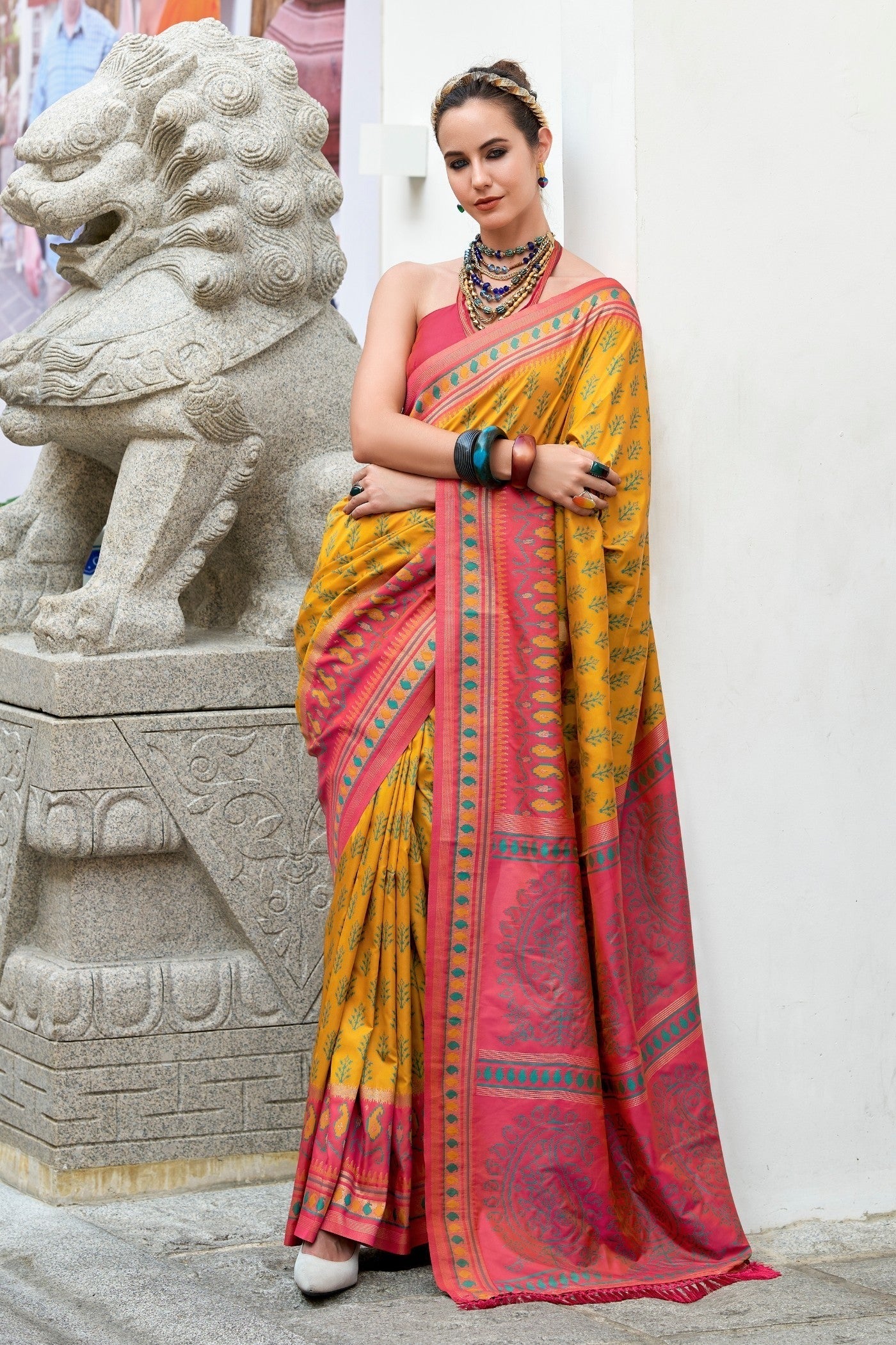 Minion Yellow Soft Woven Banarasi Ikkat Silk Saree