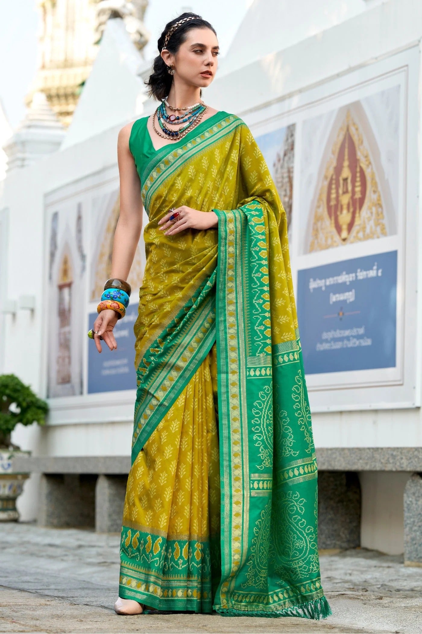 Lemon Yellow Soft Woven Banarasi Ikkat Silk Saree