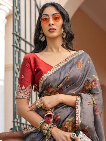 Dark Grey Pure Viscose Dola Silk Saree with Floral Print