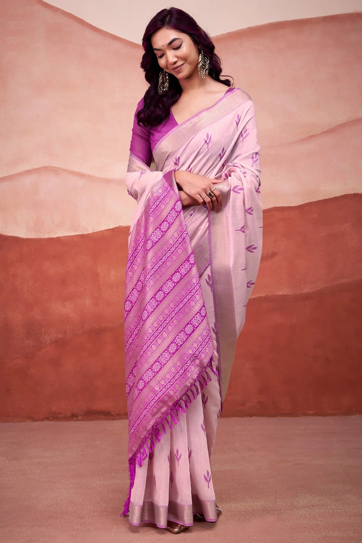 Illusion Purple Woven Design Zari Pure Cotton Saree With Blouse