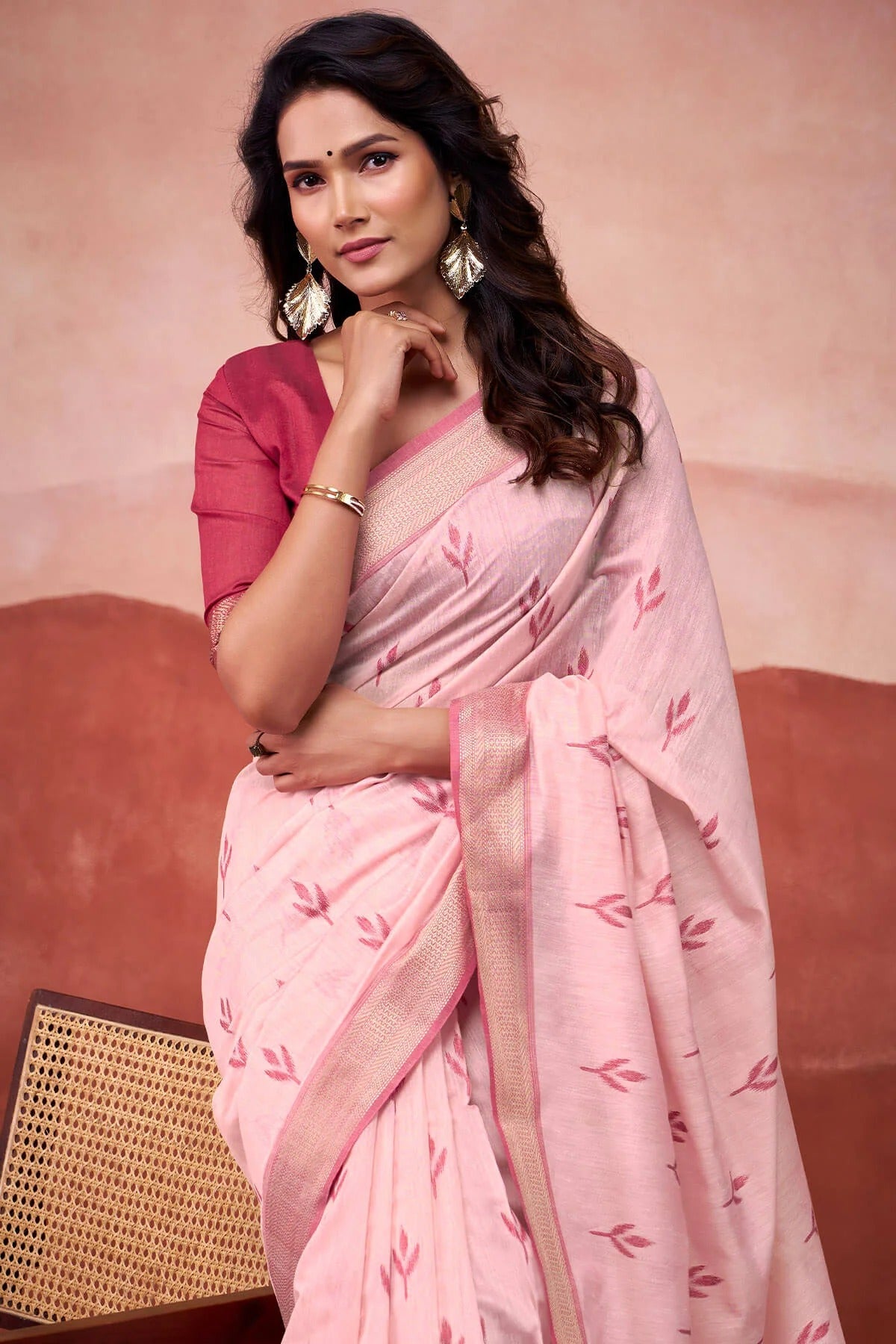 Lipstick Pink Woven Design Zari Pure Cotton Saree With Blouse