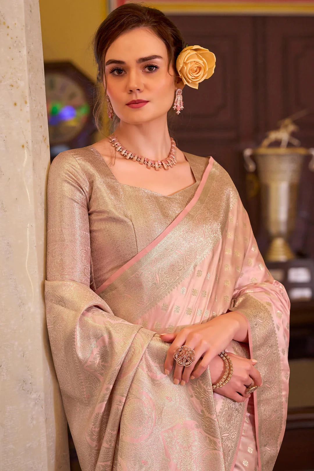 Woebegone Pink Woven Banarasi Satin Soft Silk Saree