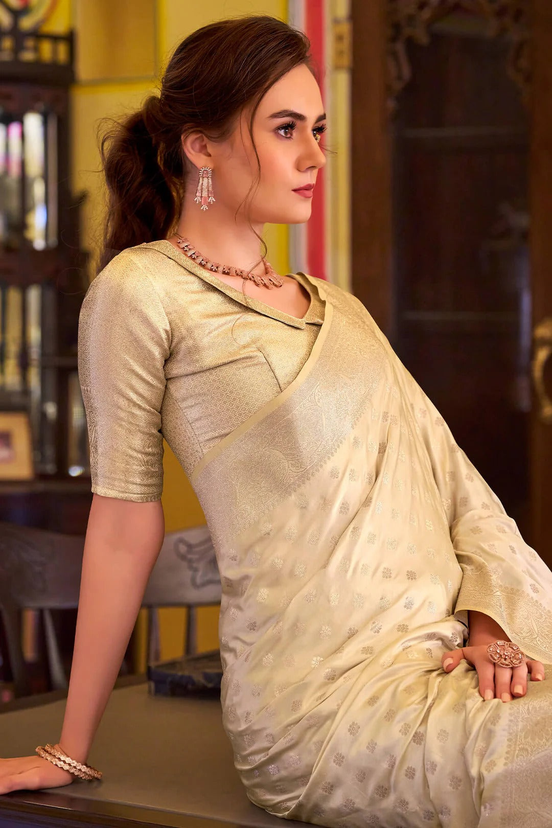 Redolent Beige Woven Banarasi Satin Soft Silk Saree