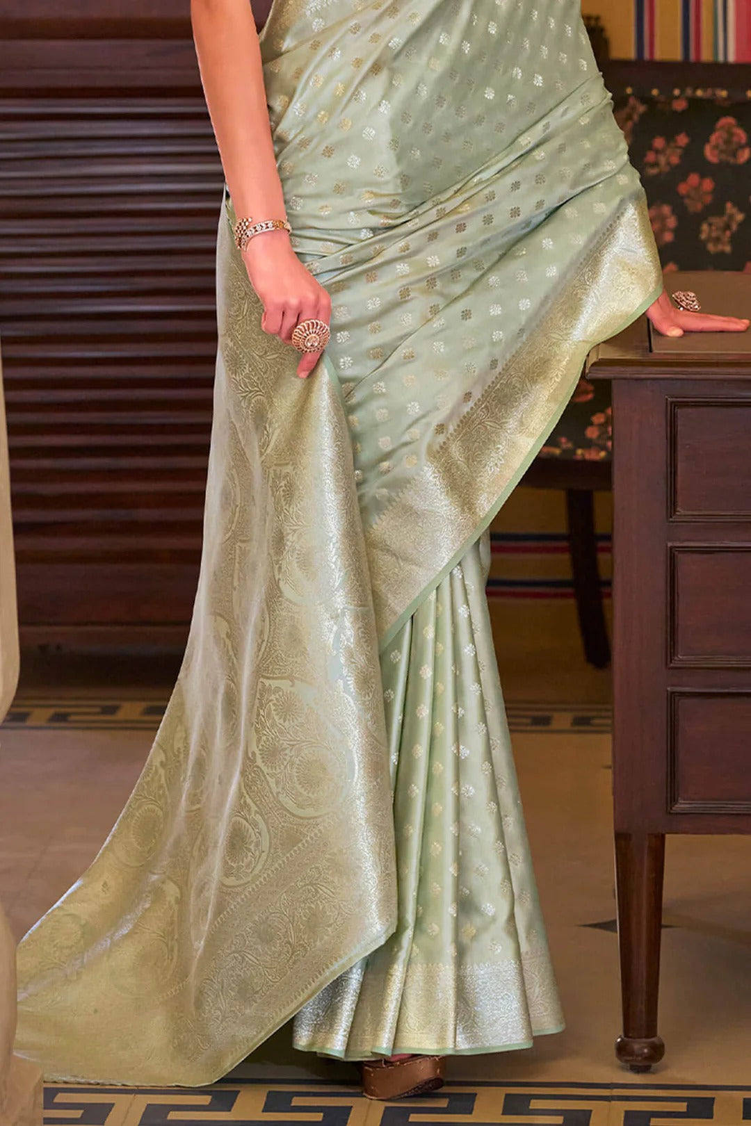 Piquant Pista Woven Banarasi Satin Soft Silk Saree