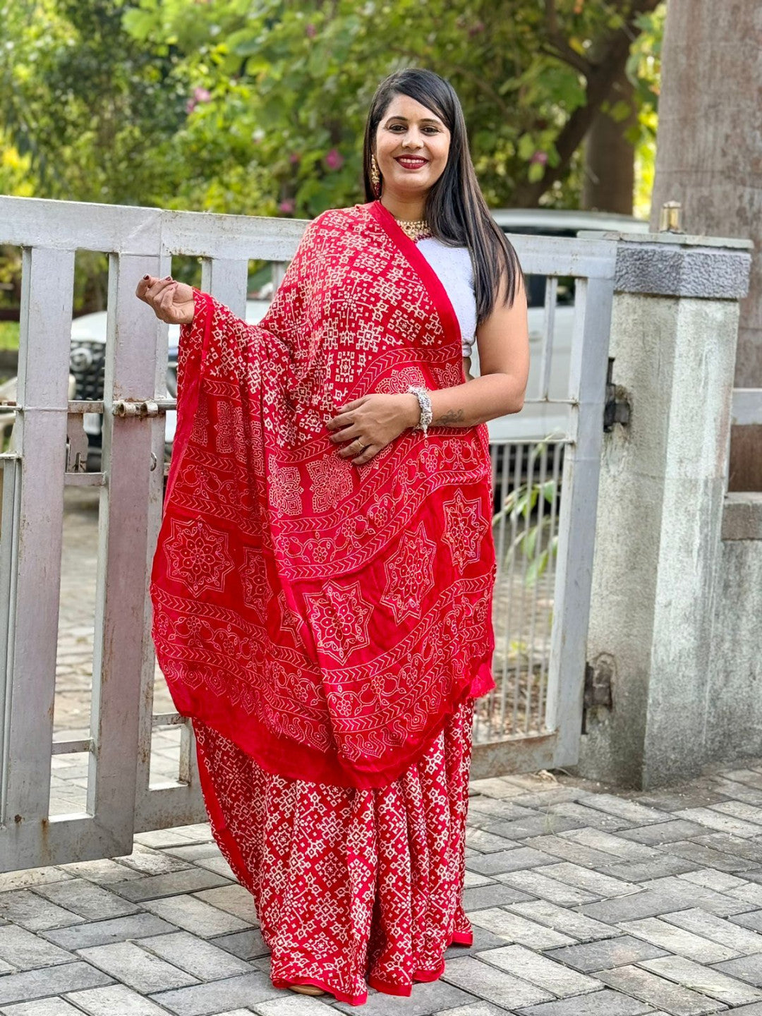 Red Patola Ajrakh Pure Modal Silk Ajrakh Pallu Saree-1