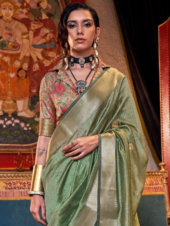 Olive Green Woven Moss Chiffon Handloom Weaving Silk Saree