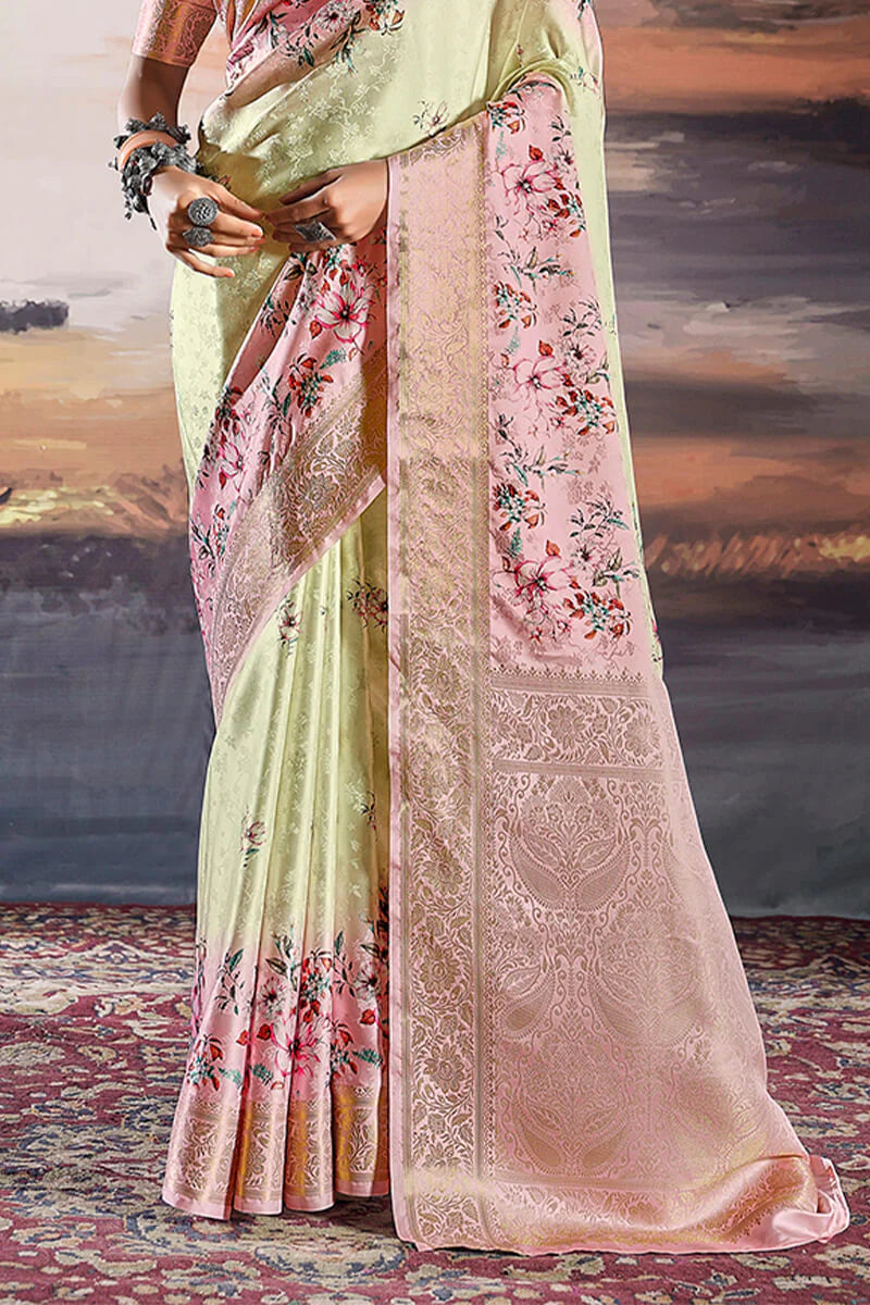 Breathtaking Beige Floral Printed Satin Silk Saree