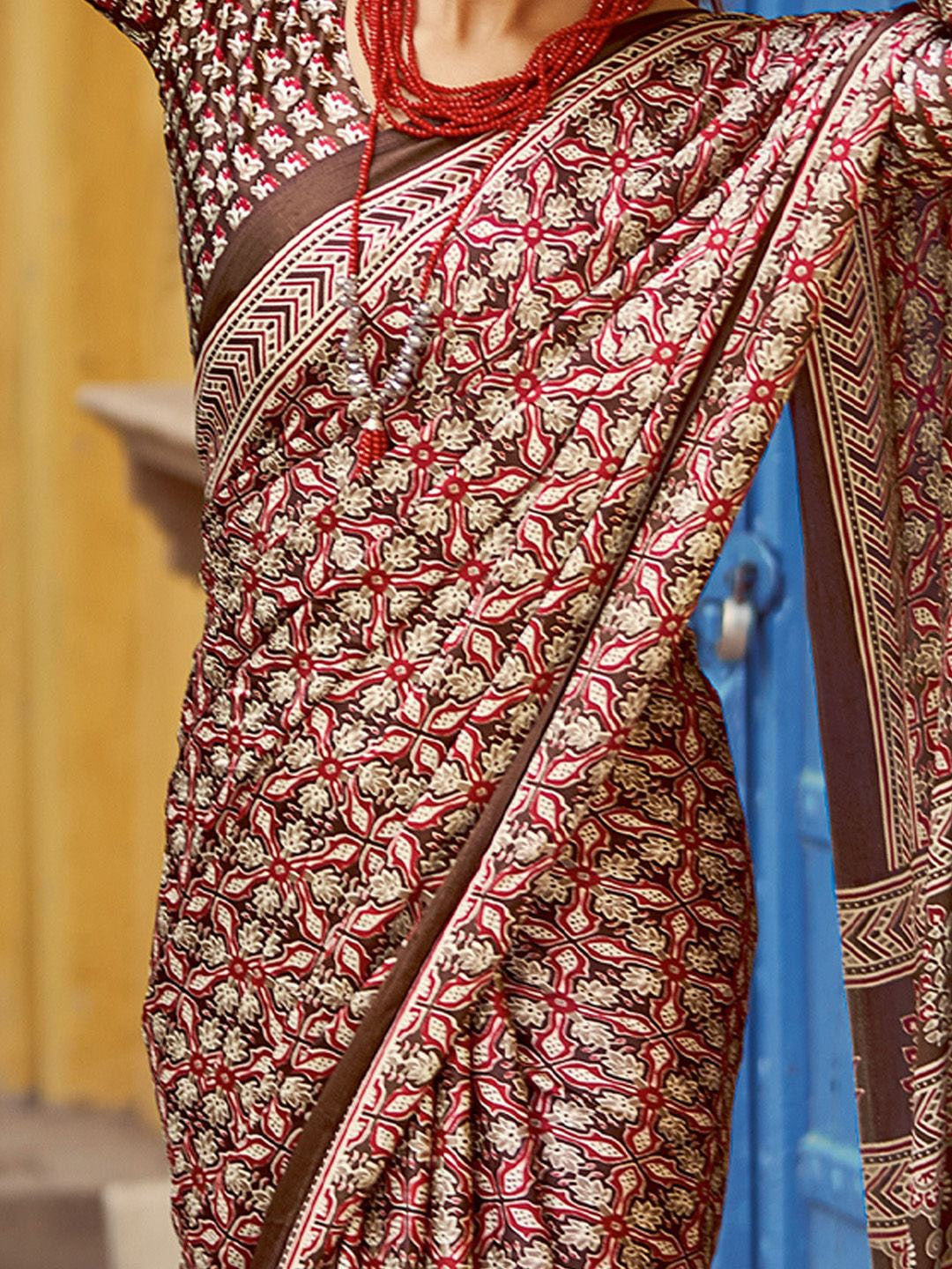 Brown New Ajrakh Printed Satin Crepe Saree