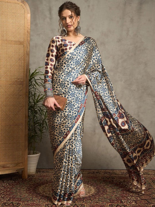 Ajrak Crepe Block Print Sarees 407