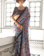 Blue and Red Printed Ajrakh Satin Crepe Saree