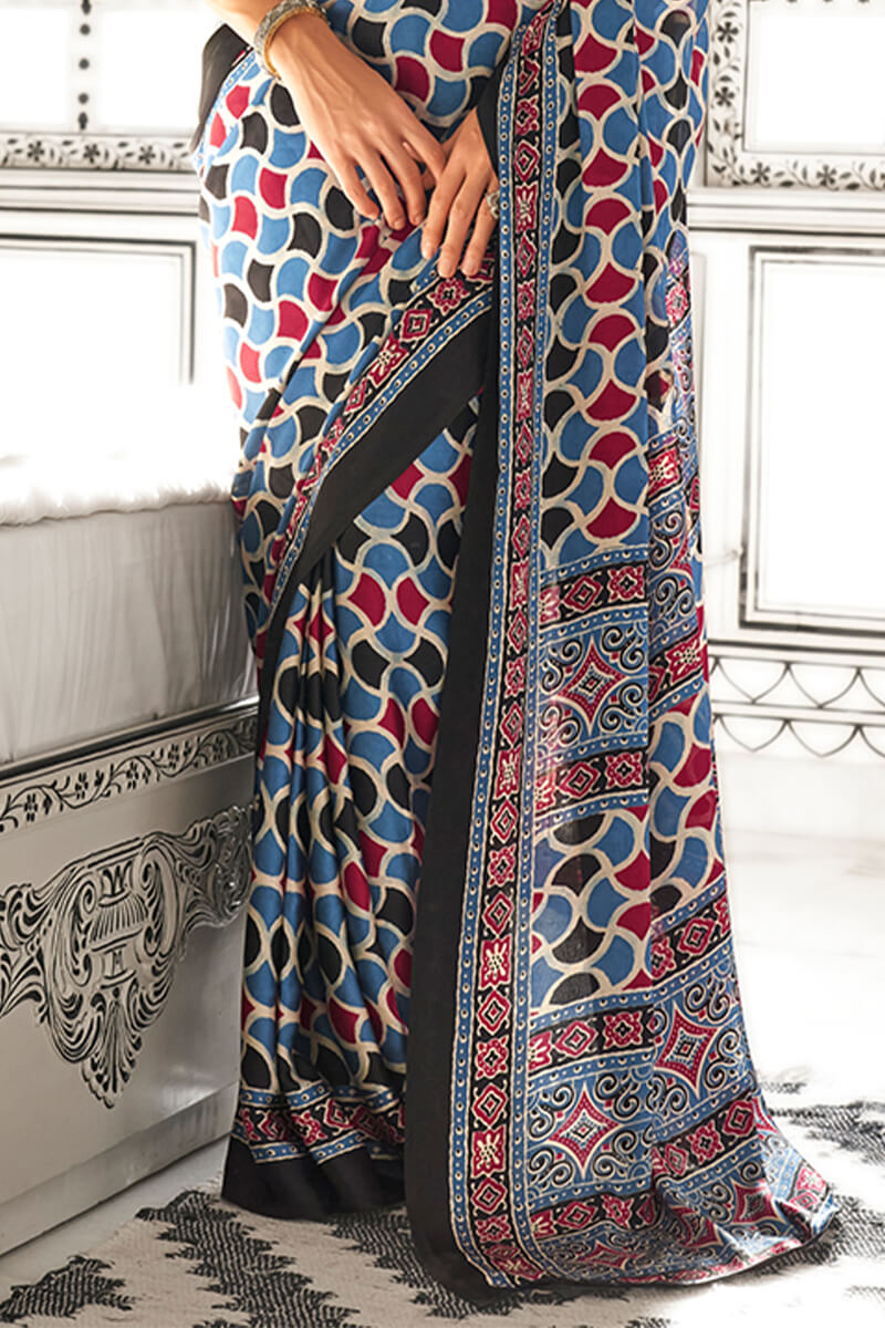 Blue and Red Printed Ajrakh Satin Crepe Saree