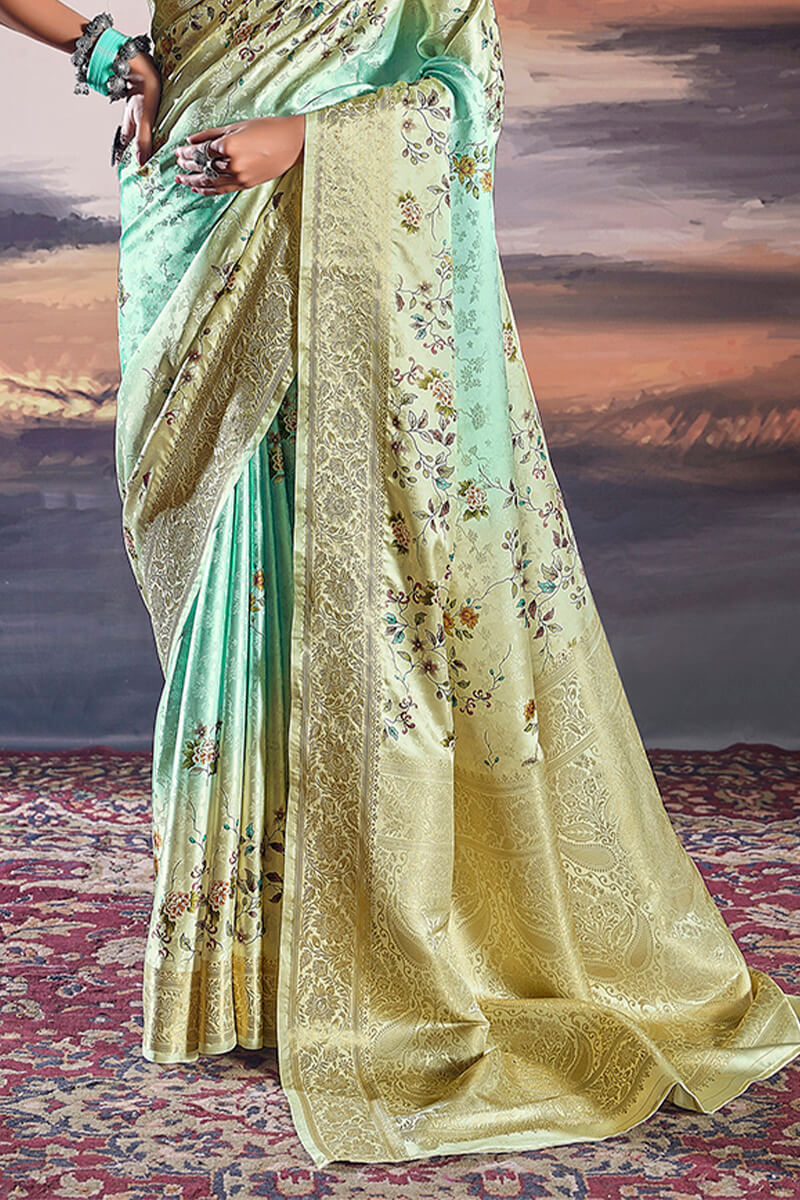 Stunning Sky Blue Floral Printed Satin Silk Saree