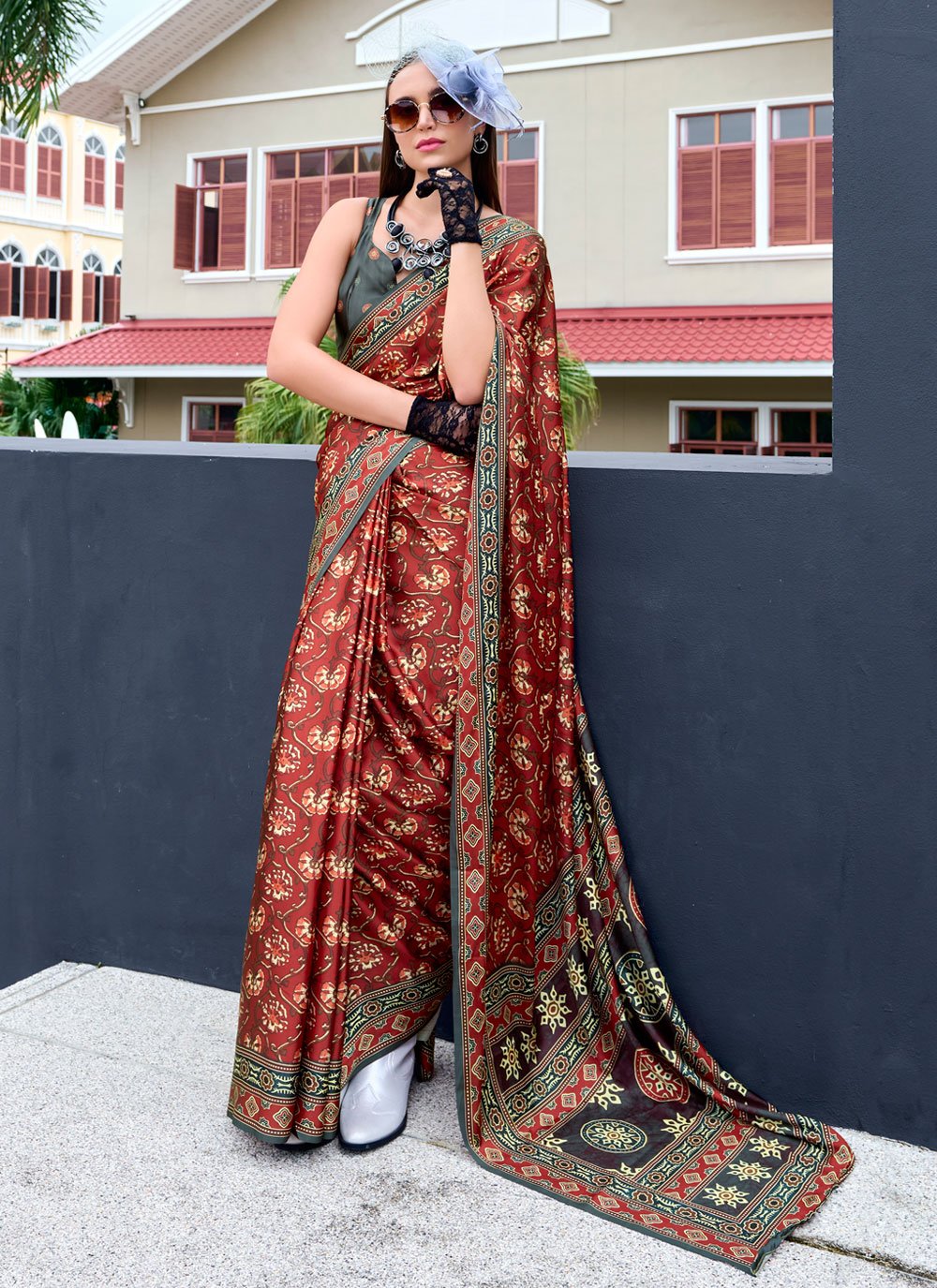 Modern Office Wear Ajrakh Printed Satin Crepe Saree