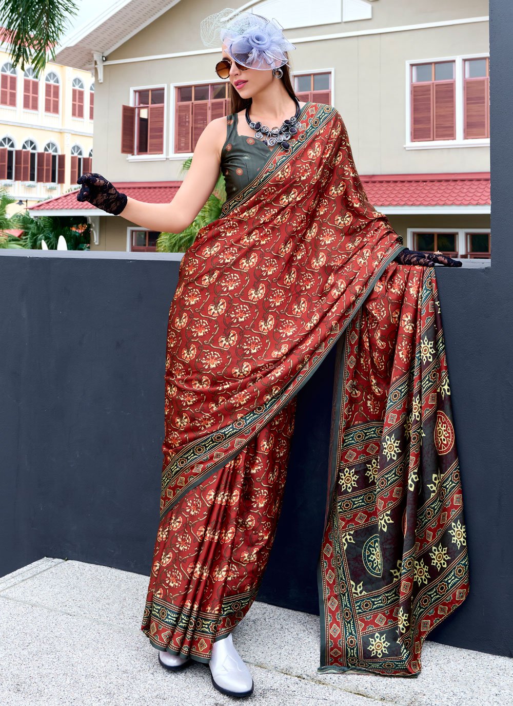 Modern Office Wear Ajrakh Printed Satin Crepe Saree