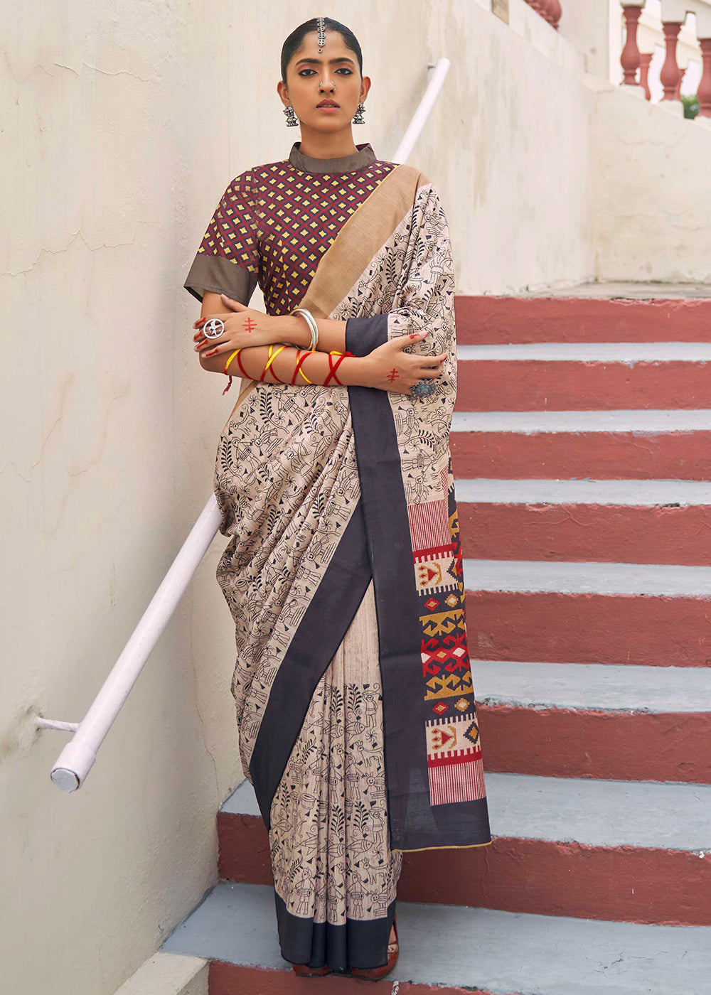 Cream and Brown Ajrakh Printed Designer Banarasi Saree