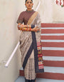 Cream and Brown Ajrakh Printed Designer Banarasi Saree