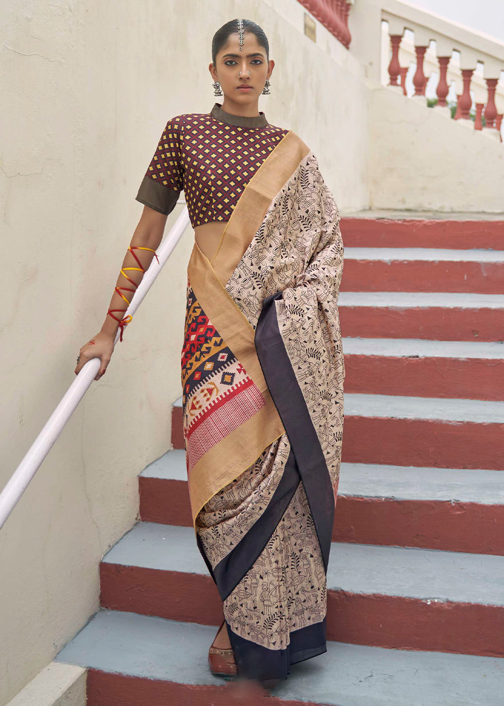 Cream and Brown Ajrakh Printed Designer Banarasi Saree