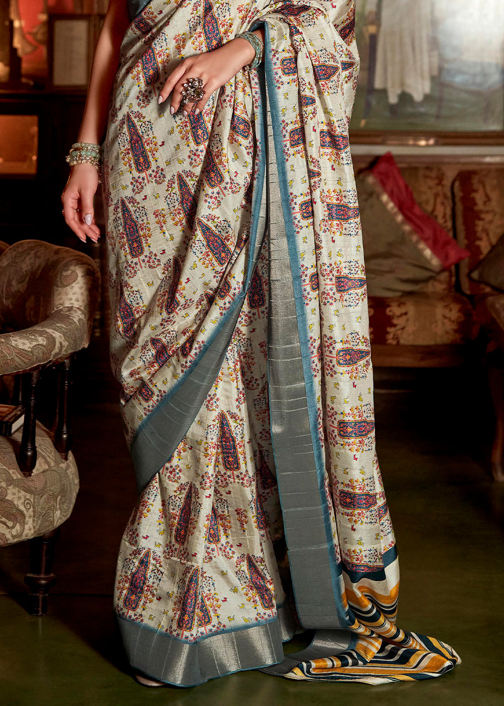 Off White Printed Banarasi Saree With Fancy Blouse