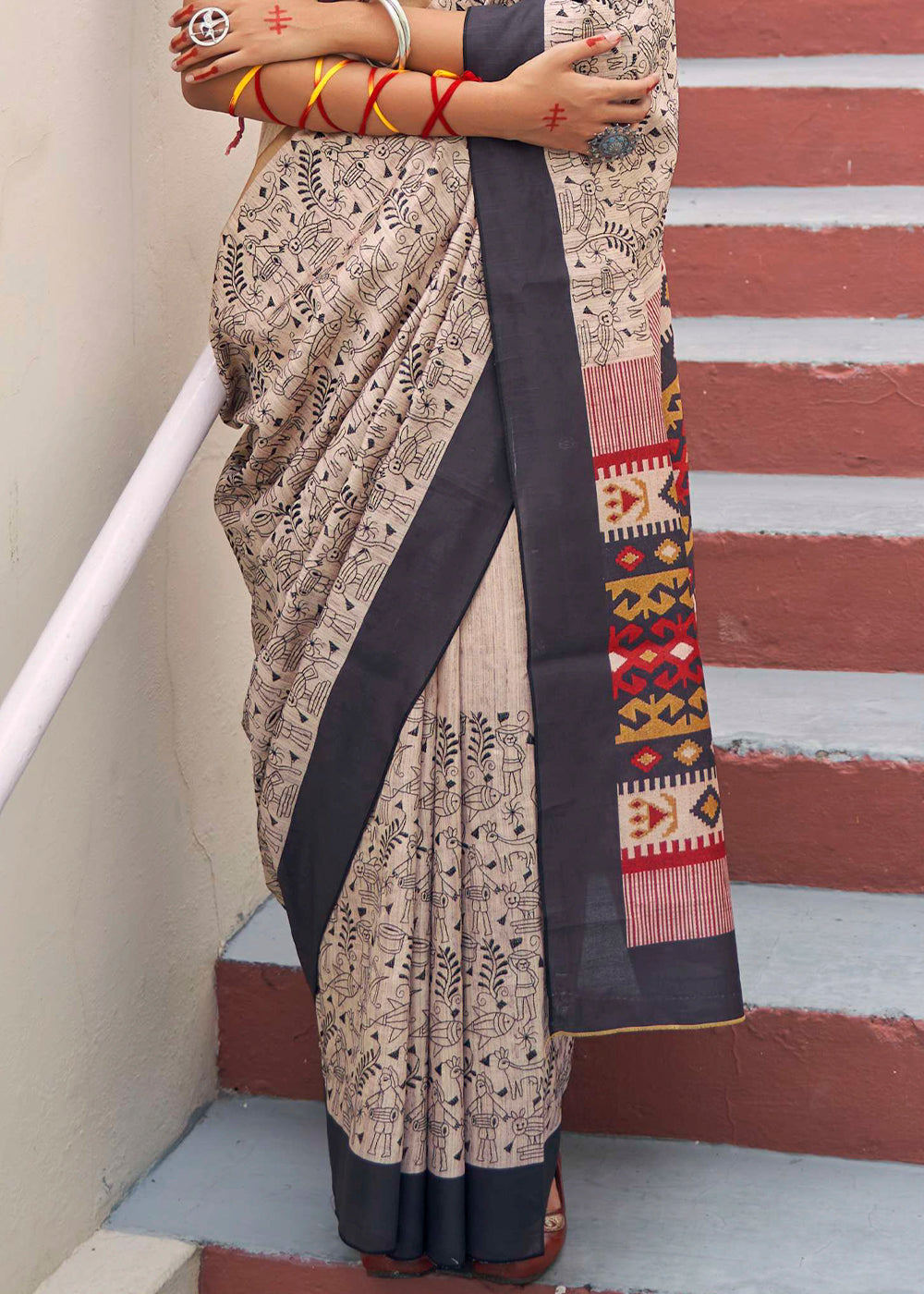 Cream and Brown Ajrakh Printed Designer Banarasi Saree