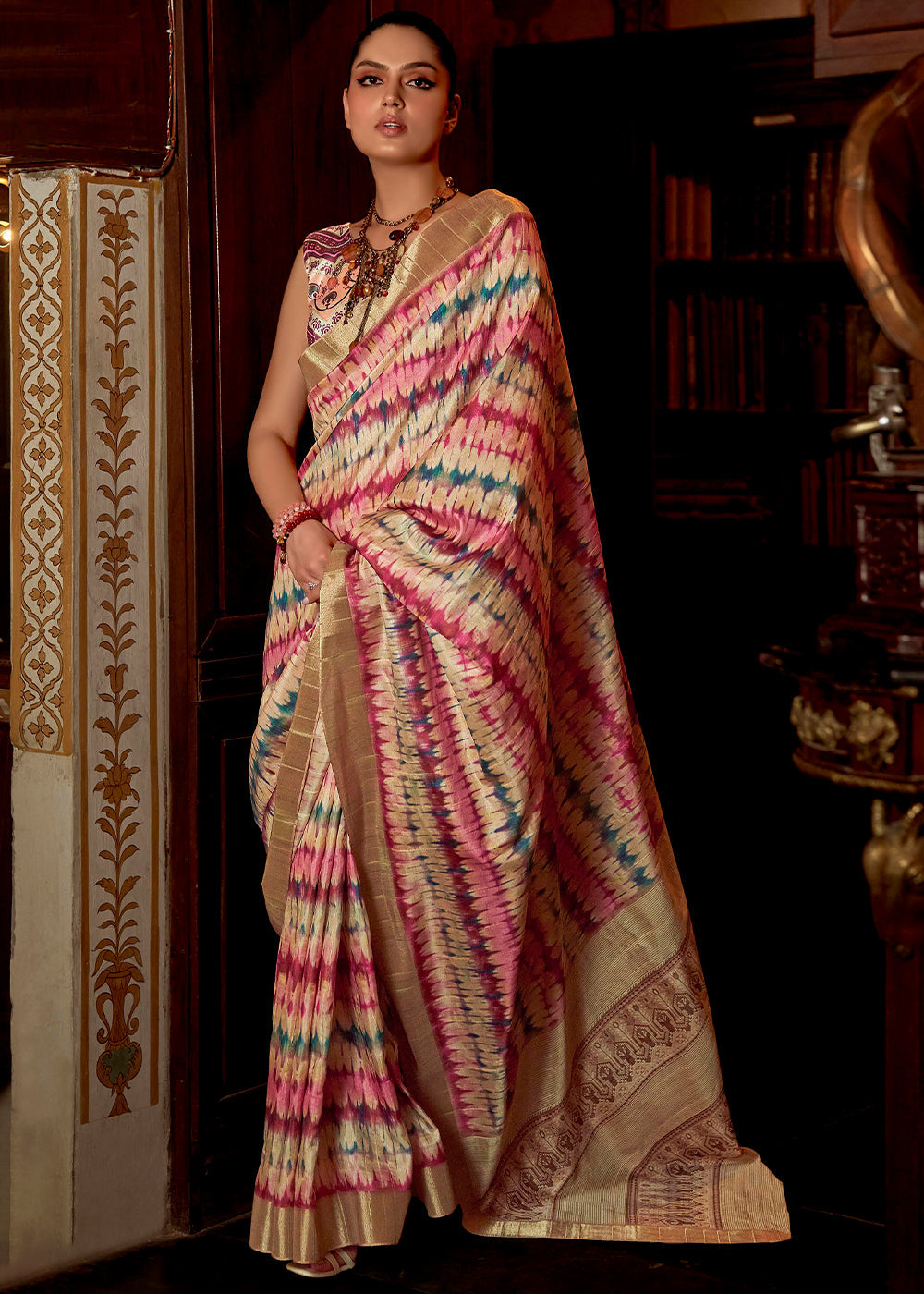 Pink Printed Banarasi Saree With Fancy Blouse