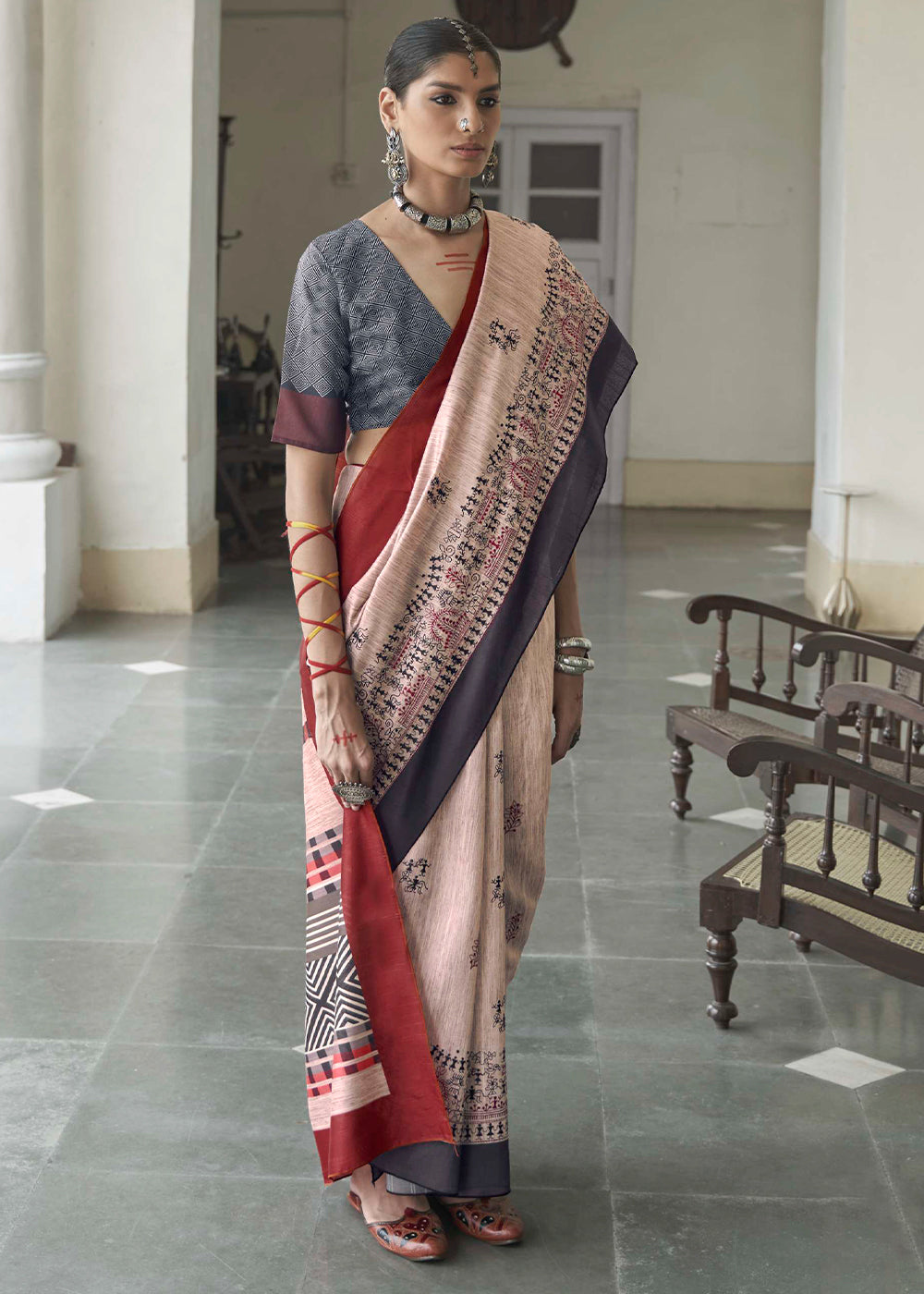 Dust Cream and Red Ajrakh Printed Designer Banarasi Saree