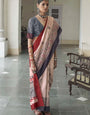 Dust Cream and Red Ajrakh Printed Designer Banarasi Saree