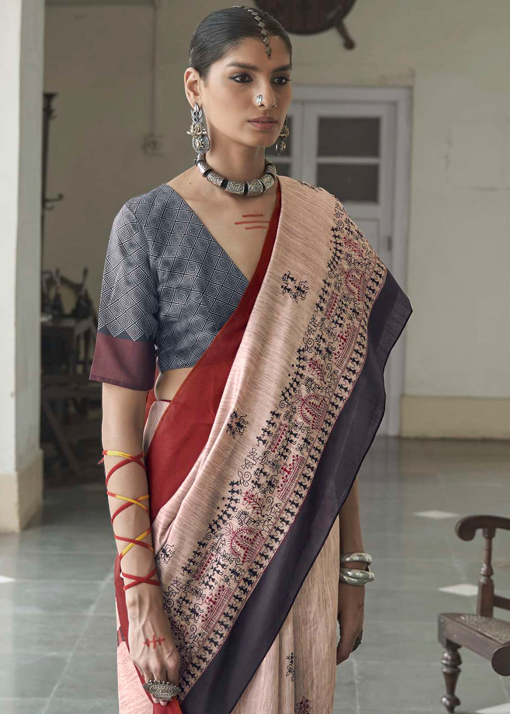 Dust Cream and Red Ajrakh Printed Designer Banarasi Saree