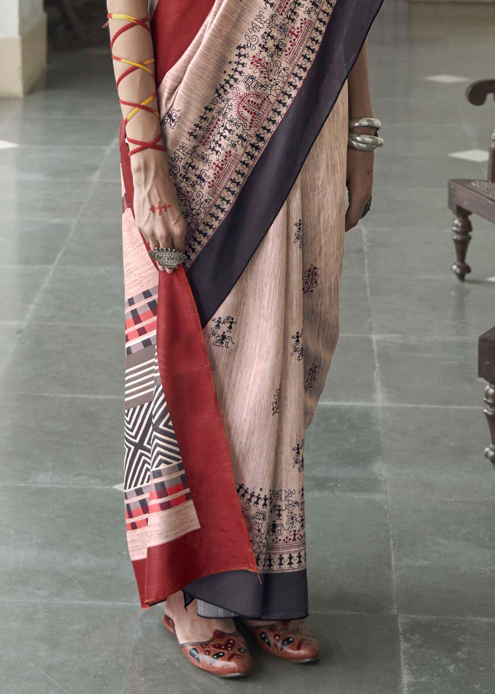 Dust Cream and Red Ajrakh Printed Designer Banarasi Saree