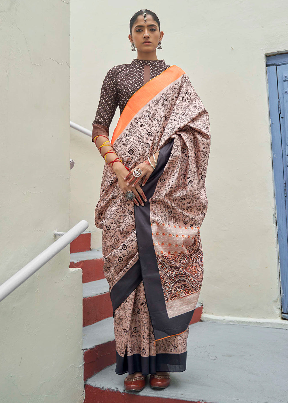 Cream and Orange Ajrakh Printed Designer Banarasi Saree