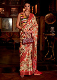 Cream and Red Printed Banarasi Saree With Fancy Blouse