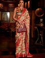 Cream and Red Printed Banarasi Saree With Fancy Blouse