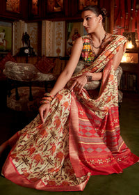 Cream and Red Printed Banarasi Saree With Fancy Blouse