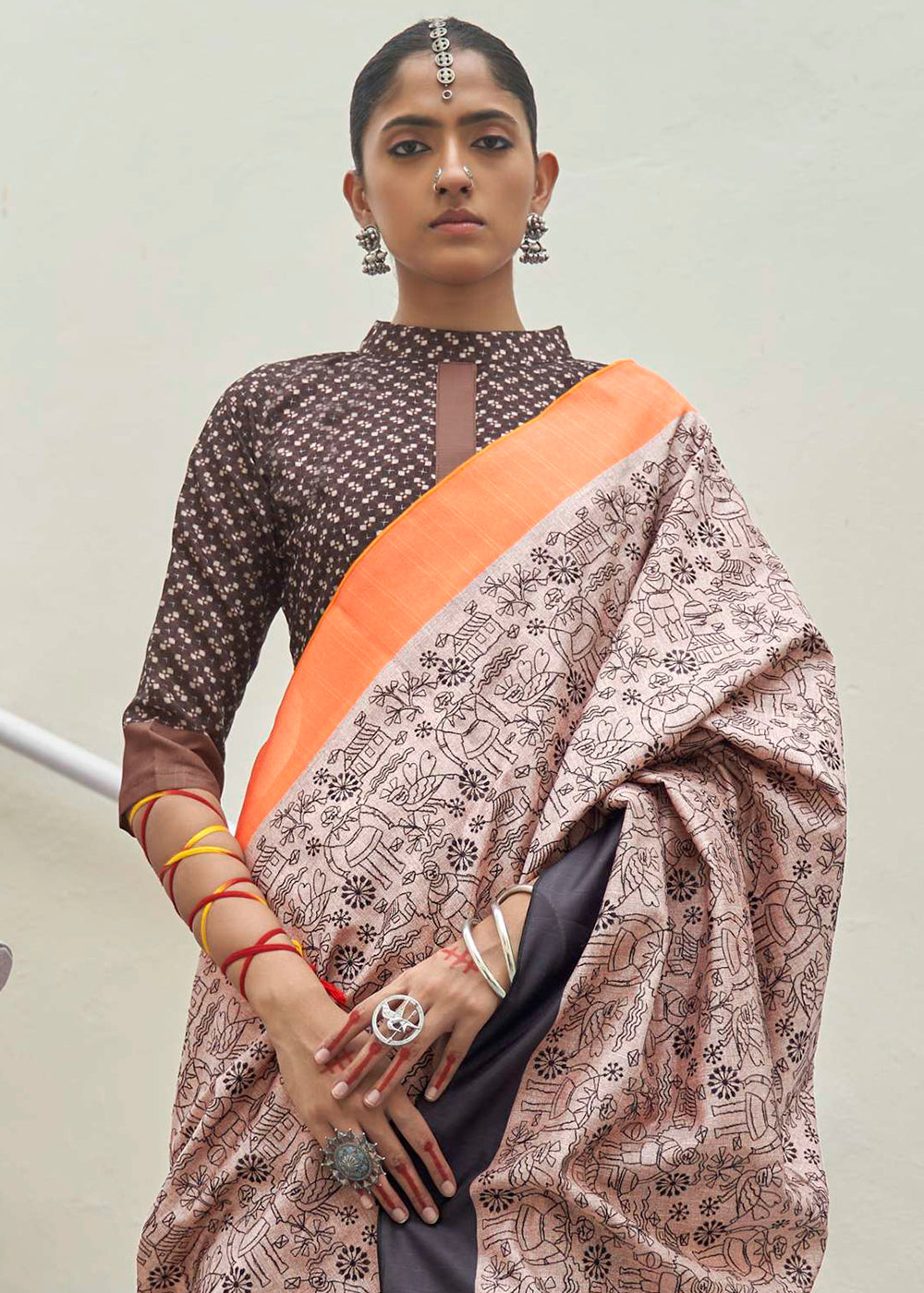 Cream and Orange Ajrakh Printed Designer Banarasi Saree