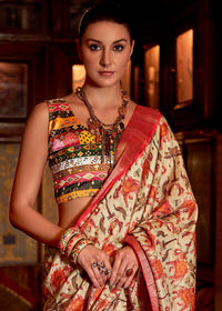 Cream and Red Printed Banarasi Saree With Fancy Blouse