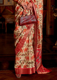 Cream and Red Printed Banarasi Saree With Fancy Blouse