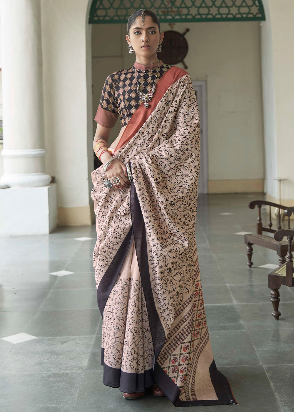 Brown  Ajrakh Printed Designer Banarasi Saree