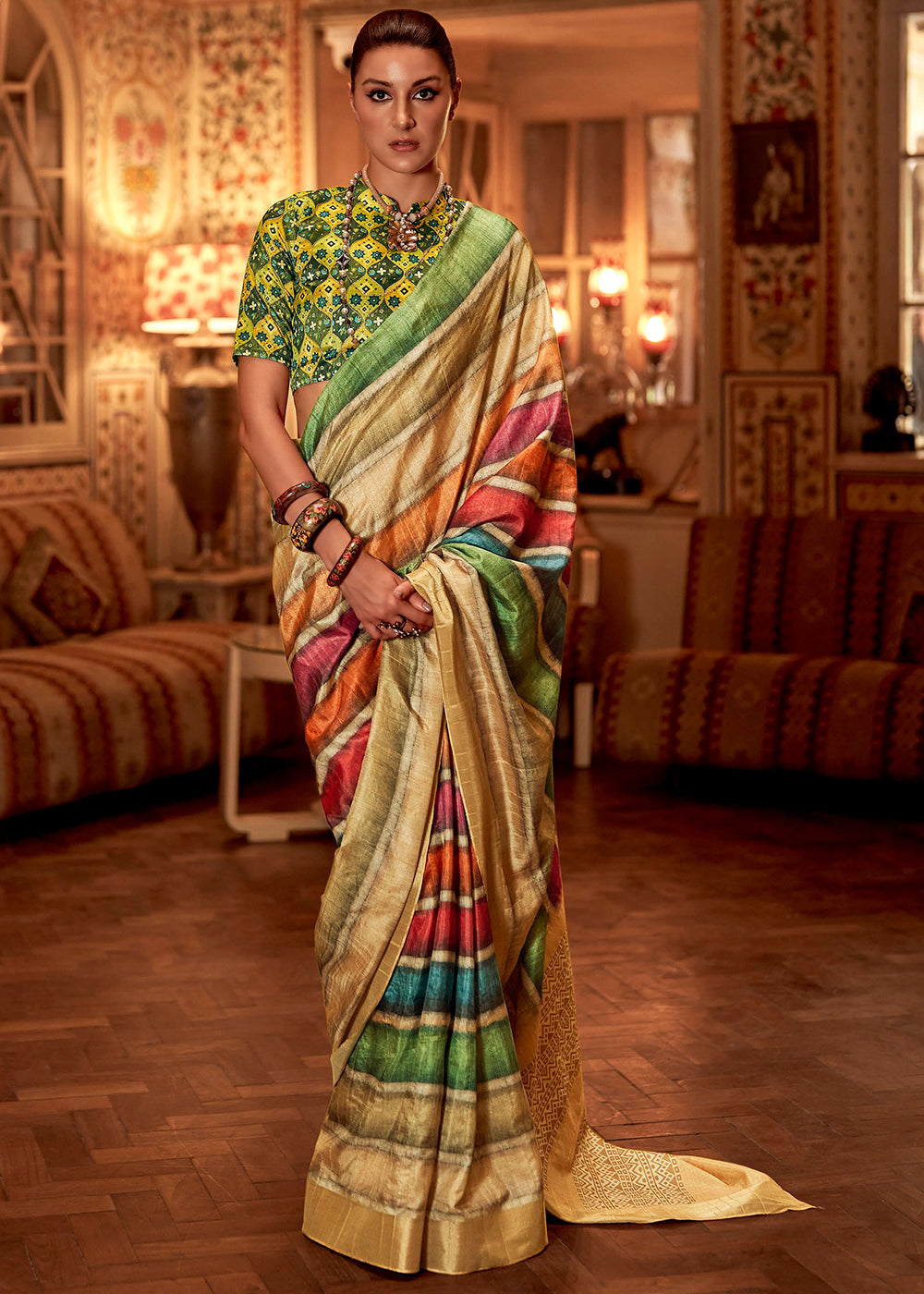 Multicolored Cream Printed Banarasi Saree With Fancy Blouse