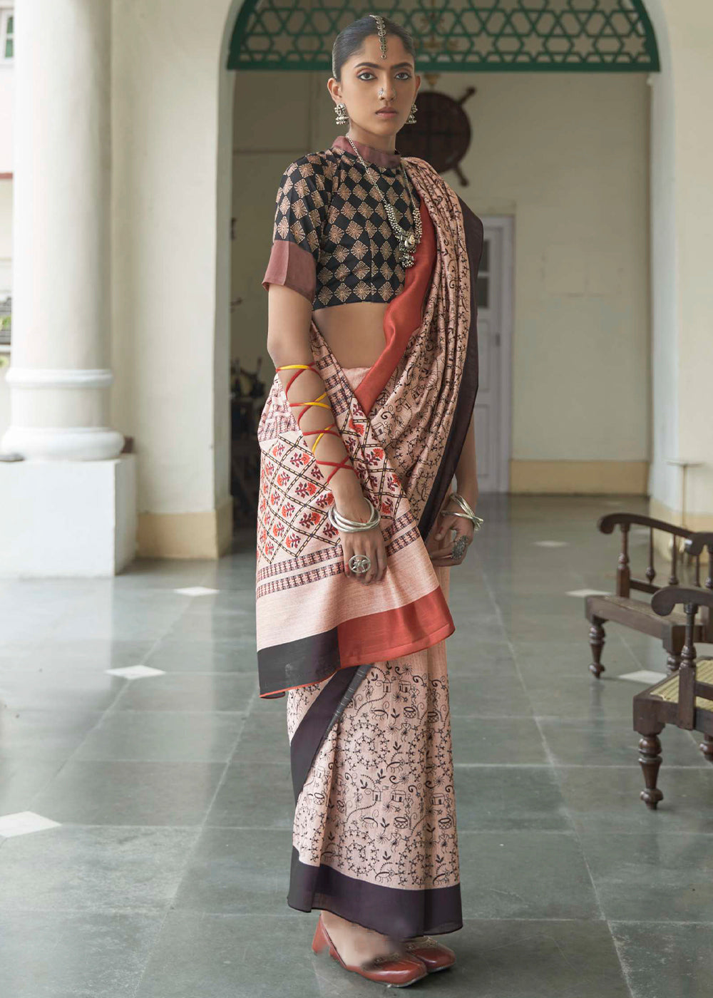 Brown  Ajrakh Printed Designer Banarasi Saree